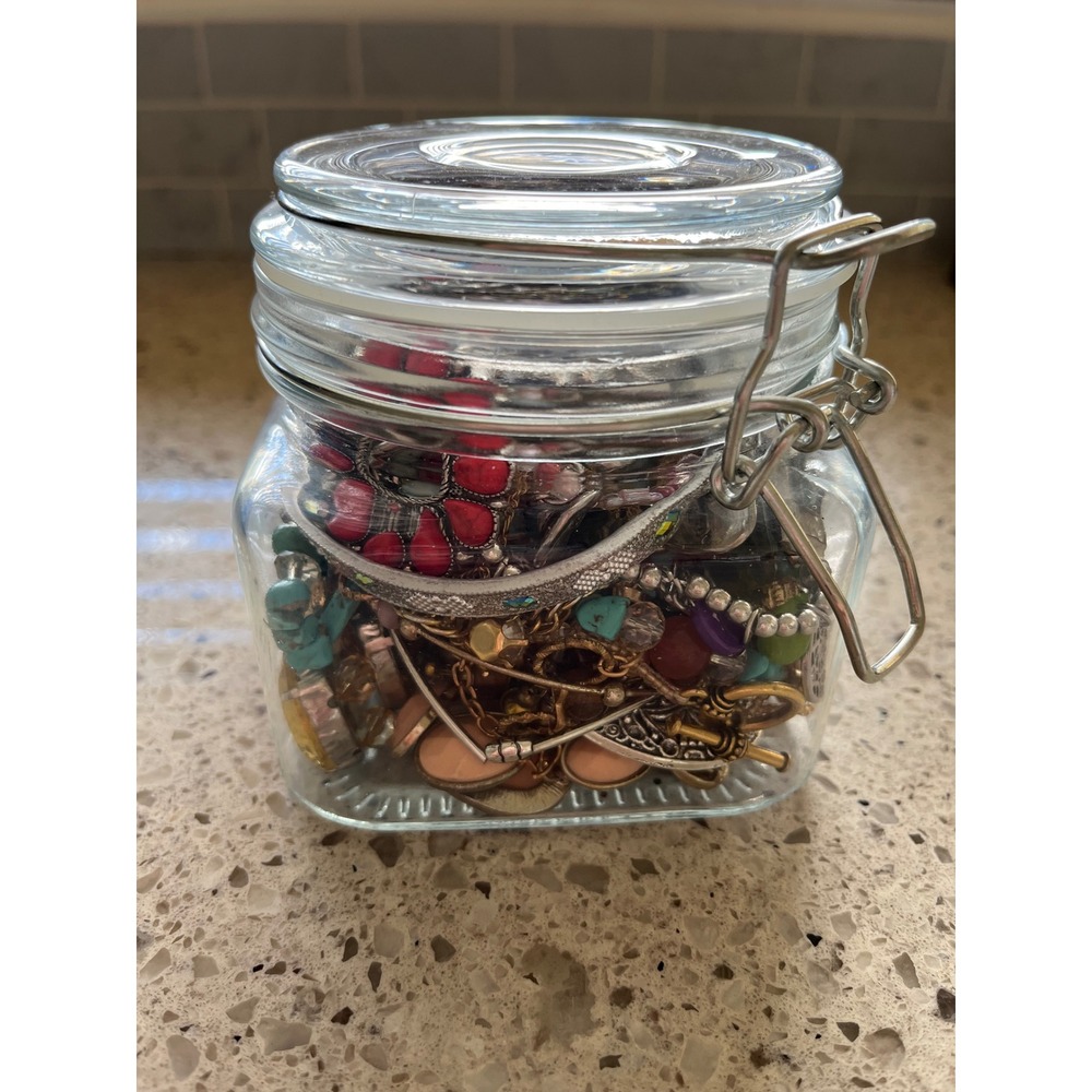 -SOLD-Vintage Wearable Costume Jewelry Lot Glass Bail Wire Jar Mixed Assortment